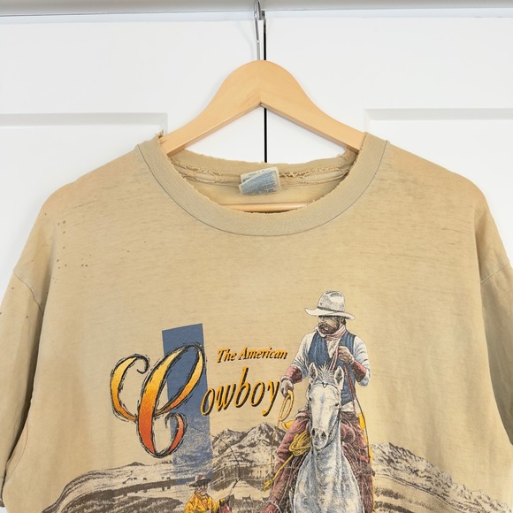 Hanes Other - Mens Single Stitch T-Shirt Large Tan Vintage 1994 American Cowboy Distressed